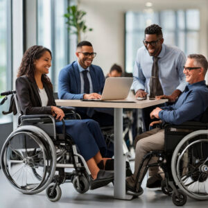 A Consolidar é Diversidade, Equidade e Inclusão nas Empresas e no Ambiente de Trabalho e Organizações, Pessoas Brancas e Pretas no Ambiente de Trabalho, Pessoas com Deficiência, Mulher Cadeirante no Escritório, Trabalhadores, Contratação e Pertencimento
